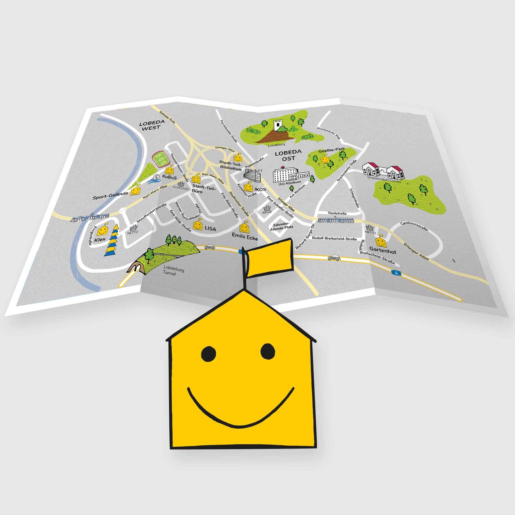 Gelbes Häuschen mit Smiley-Gesicht, im Hintergrund die illustrierte Karte mit barrierefreien Angeboten in Jena Lobeda