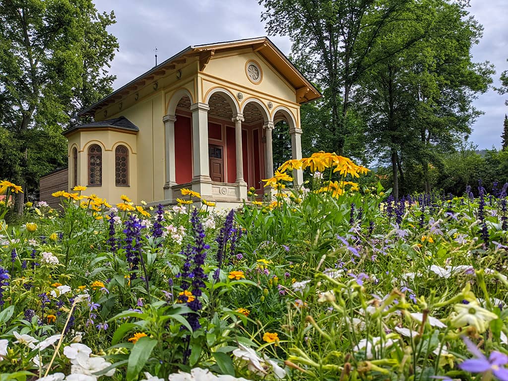 Goethe-Park Jena Blick auf den Pavillon im Goethe-Park Jena, im Bildvordergrund eine reich blühende Blumenwiese